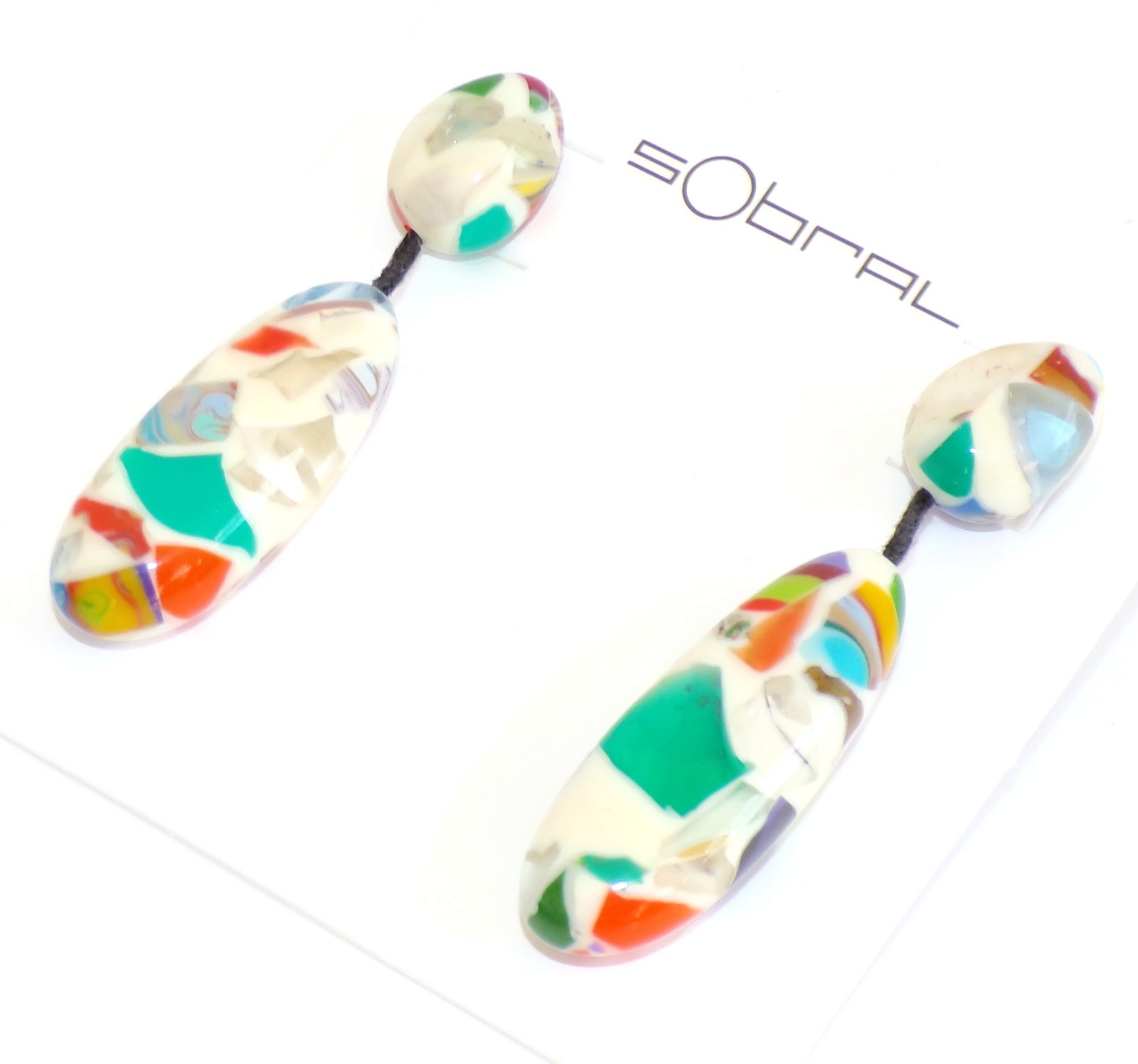 Sobral Caillou Multicolor Mosaic White Bead Artist Made Dangle Post Earrings