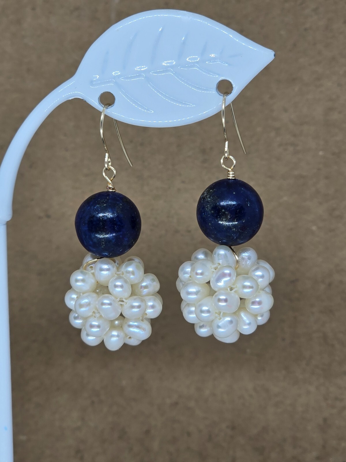 Lapis Lazuli and White Pearl Dangle Earrings 14k Yellow Gold or Sterling Silver