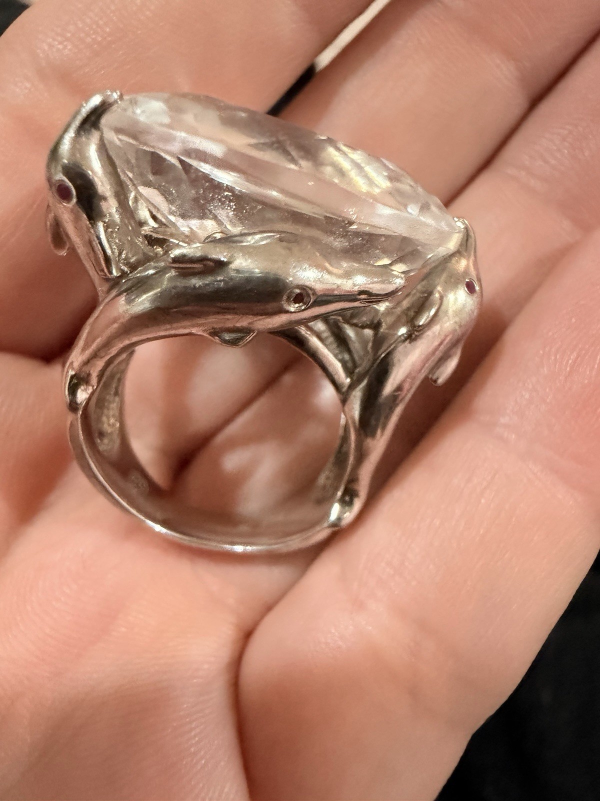 VTG Sterling Silver Dolphin Ruby Eyes Crystal 38 Carat Unique Piece Ring