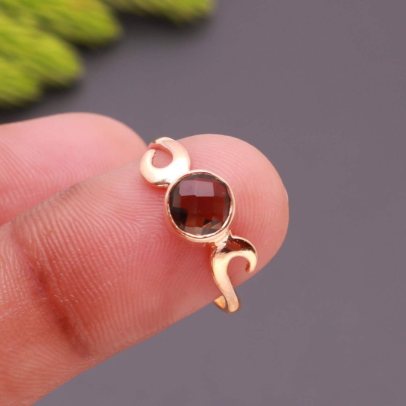 Natural Smoky Quartz Round Cut Ring Rose Gold Fill 925 Sterling Silver Jewelry