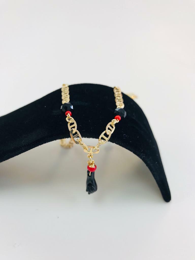 18K GOLD FILLED AZABACHE CHAIN, CADENA PARA MUJER, ORO LAMINADO,BUENA SUERTE 20″