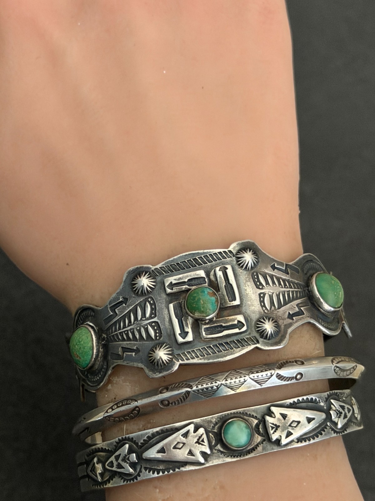 Vintage FRED HARVEY era Navajo ARROW HEAD Turquoise Silver Bracelet 6.6in