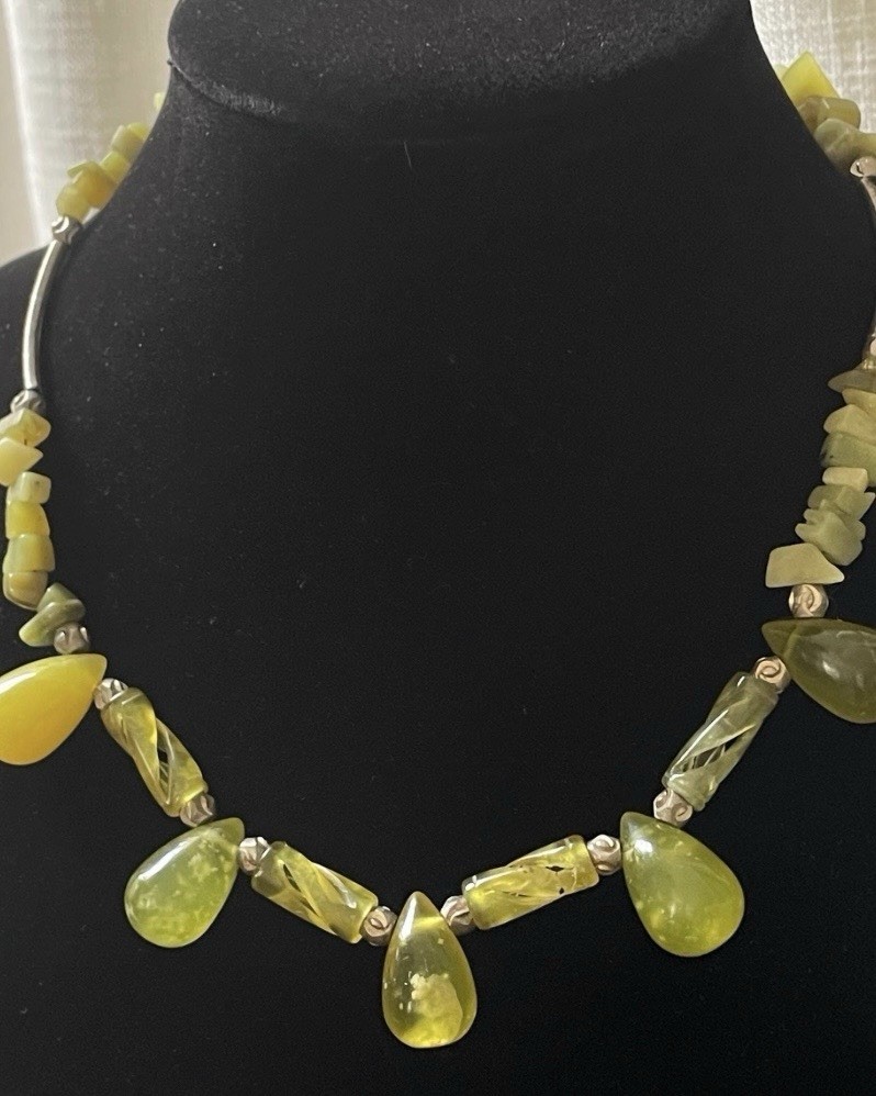 Vintage Chartreuse Resin & Stone Necklace — 1960s Modernist Organic Form