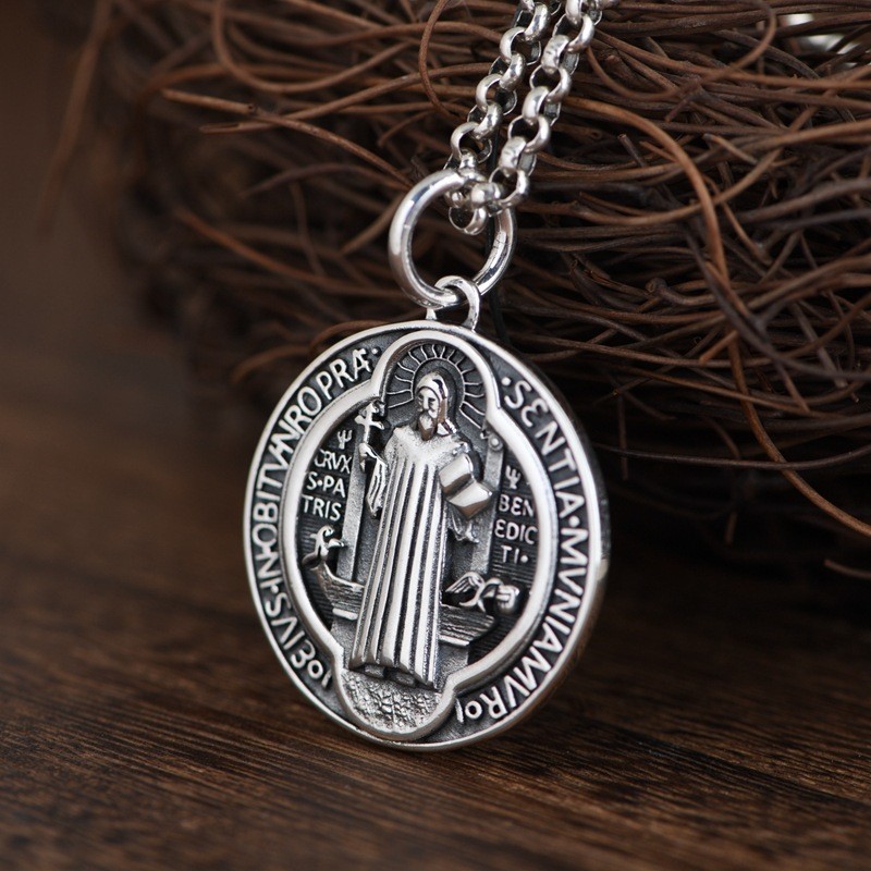 S925 Sterling Silver ST BENEDICT MEDAL Cross Pendant RELIGIOUS Protective Amulet