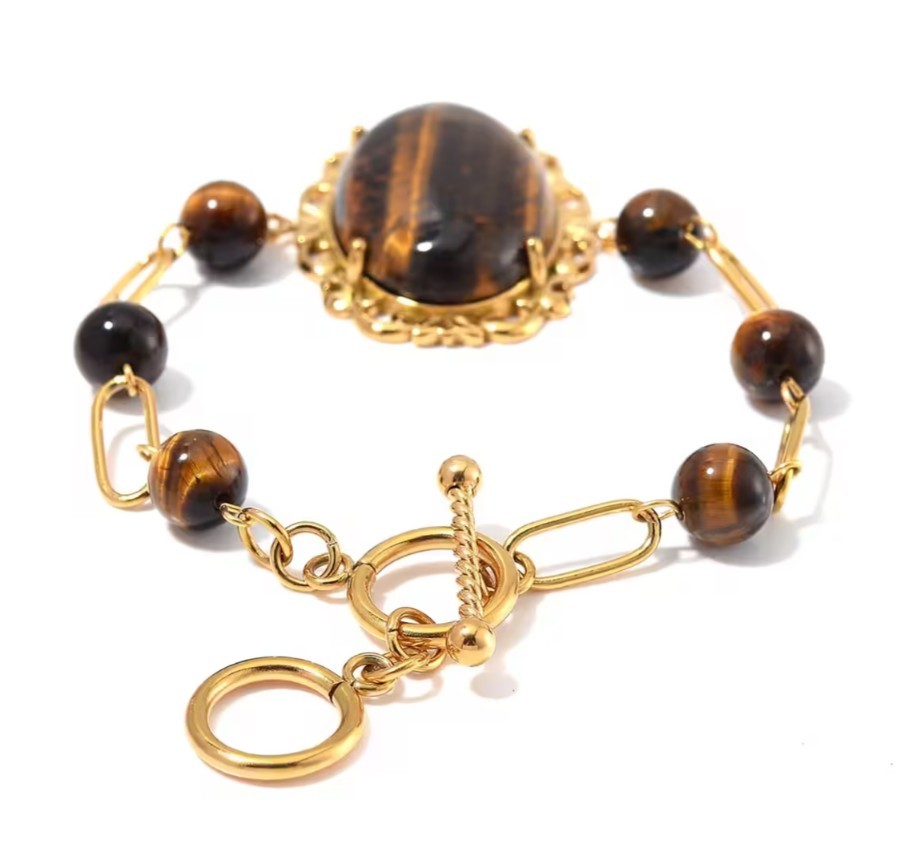 Yellow Tigers Eye 13.00ctw Bracelet ION Plated YG Stainless Steel (7.50-9.0In)