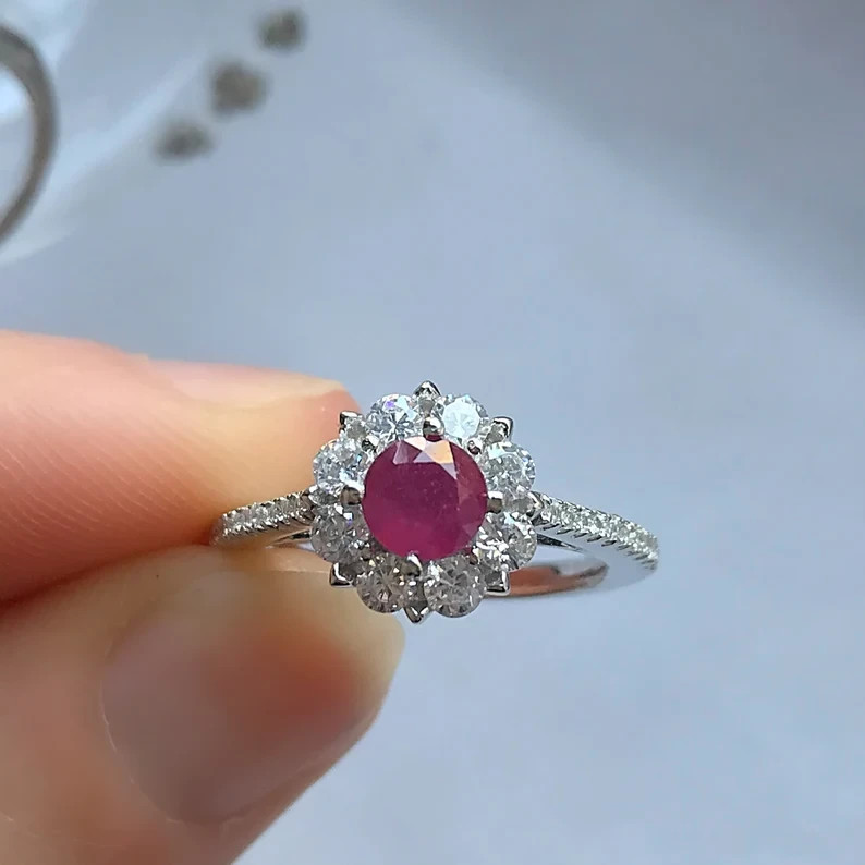 1.70 Ct Round Cut Natural Ruby & Diamond Engagement Ring 14K White Gold Size 5