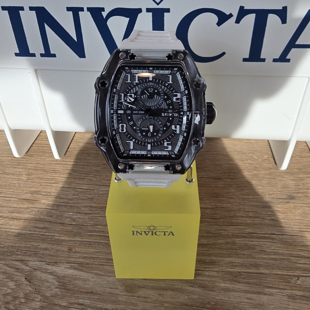 Invicta Racing CycloneMen’s Quartz 48mm Black Dial White Silicone Strap