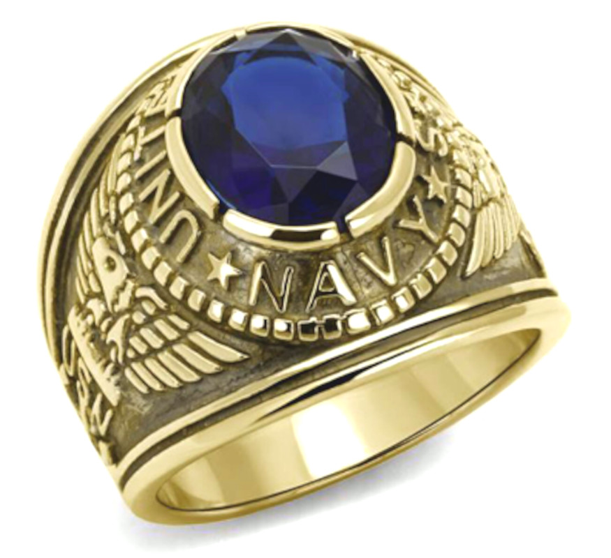 Navy US Military Ring Blue Stone Gold IP Stainless Steel Size 14