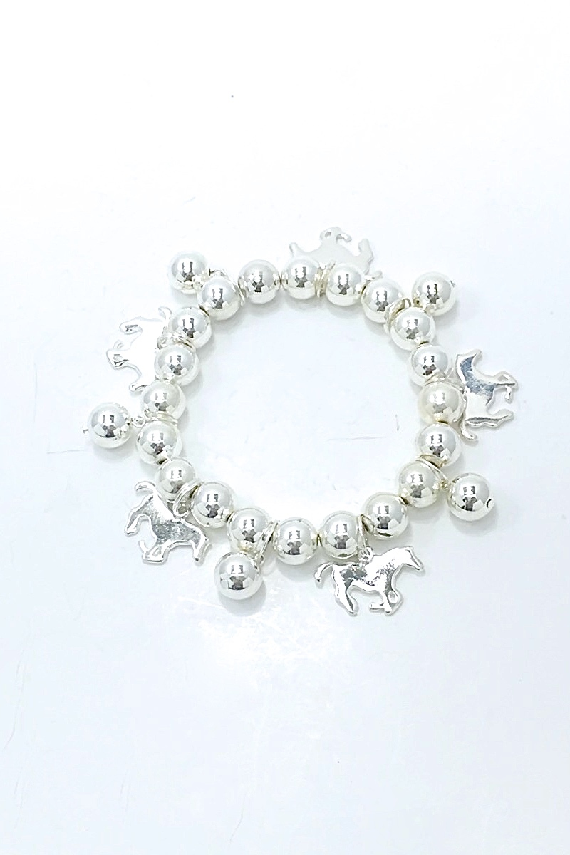 HORSE CHARM Silver Plated Stretch Bracelet with Silver Plated Beads