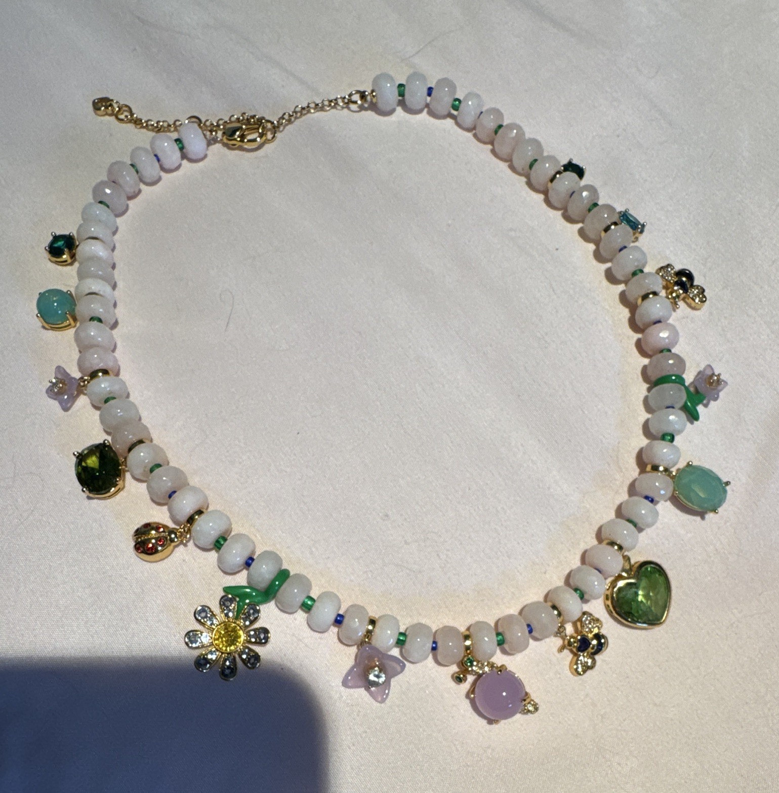 kate spade new york Pink Beaded Charm Necklace Green Heart Glass Pendant