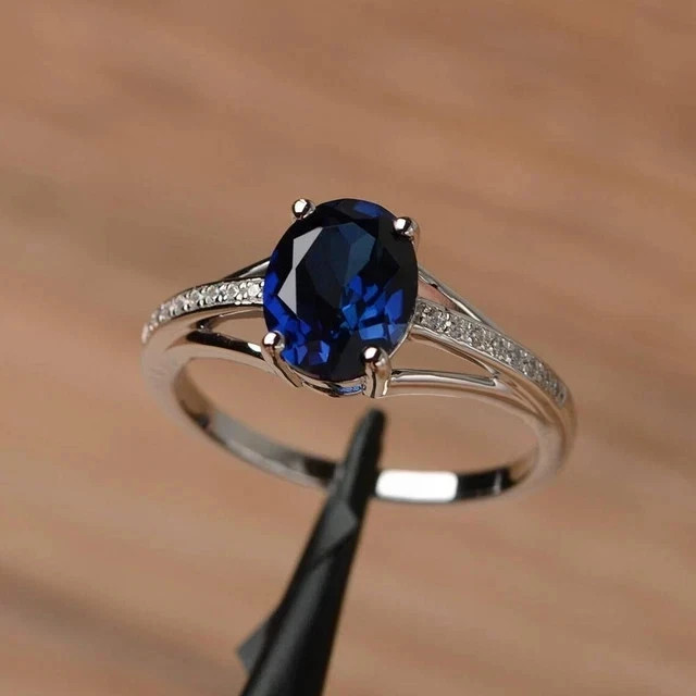 2.20 Ct Oval Cut Natural Blue Sapphire & Diamond Wedding Ring 14K White Gold
