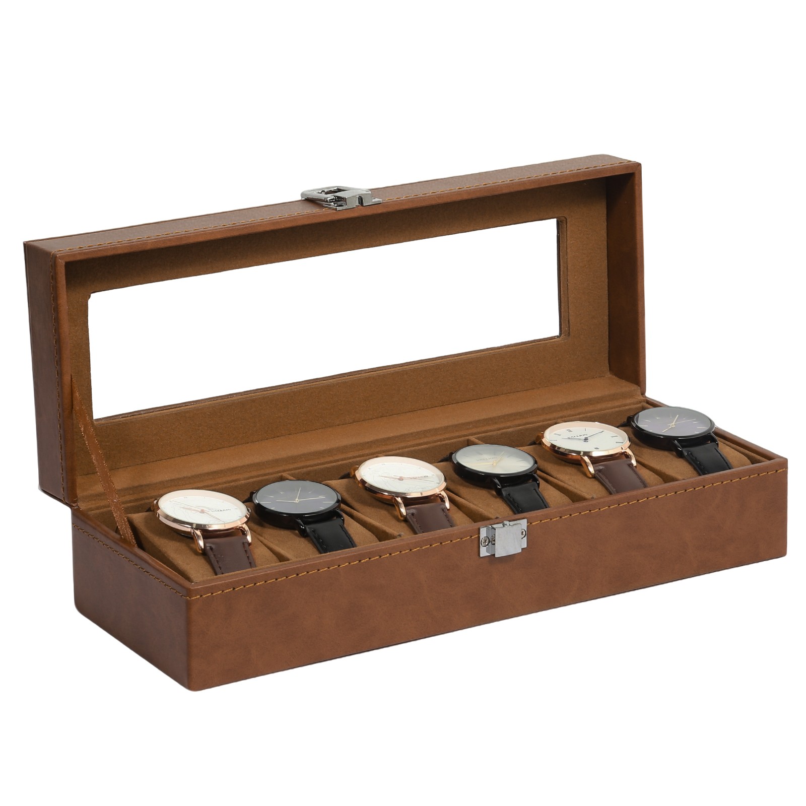 6 Slots Watch Box – PU Leather Case with Glass Lid, Display & Storage Organizer