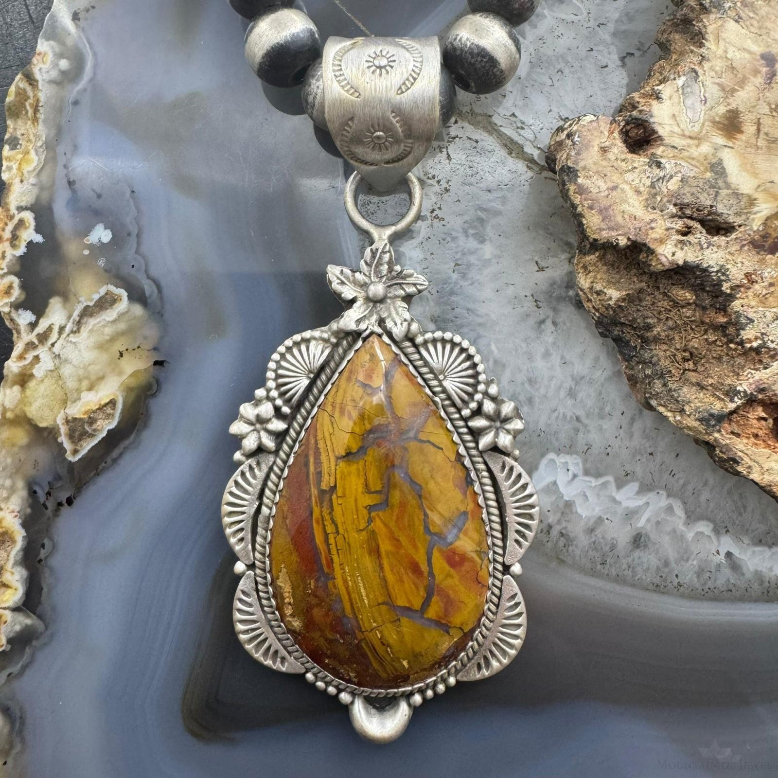 Sterling Southwestern Style Teardrop Moss Agate Decorated Pendant For Women