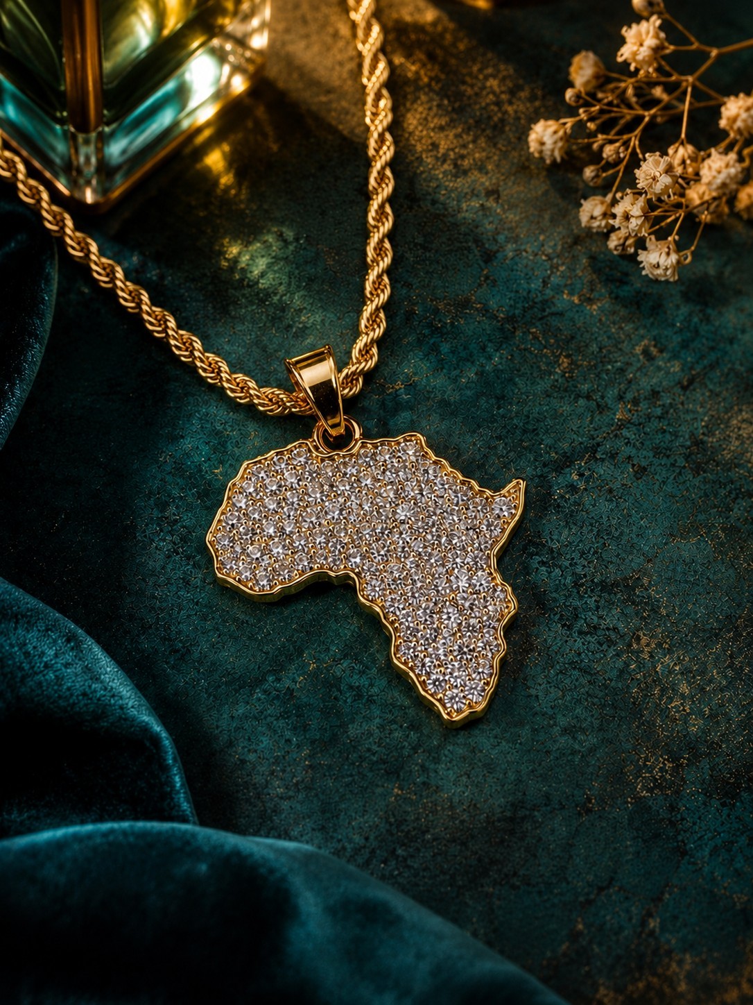 Men’s Iced Out 14k Gold Plated Africa Map Pendant 24″ Rope Chain Necklace 1126 G
