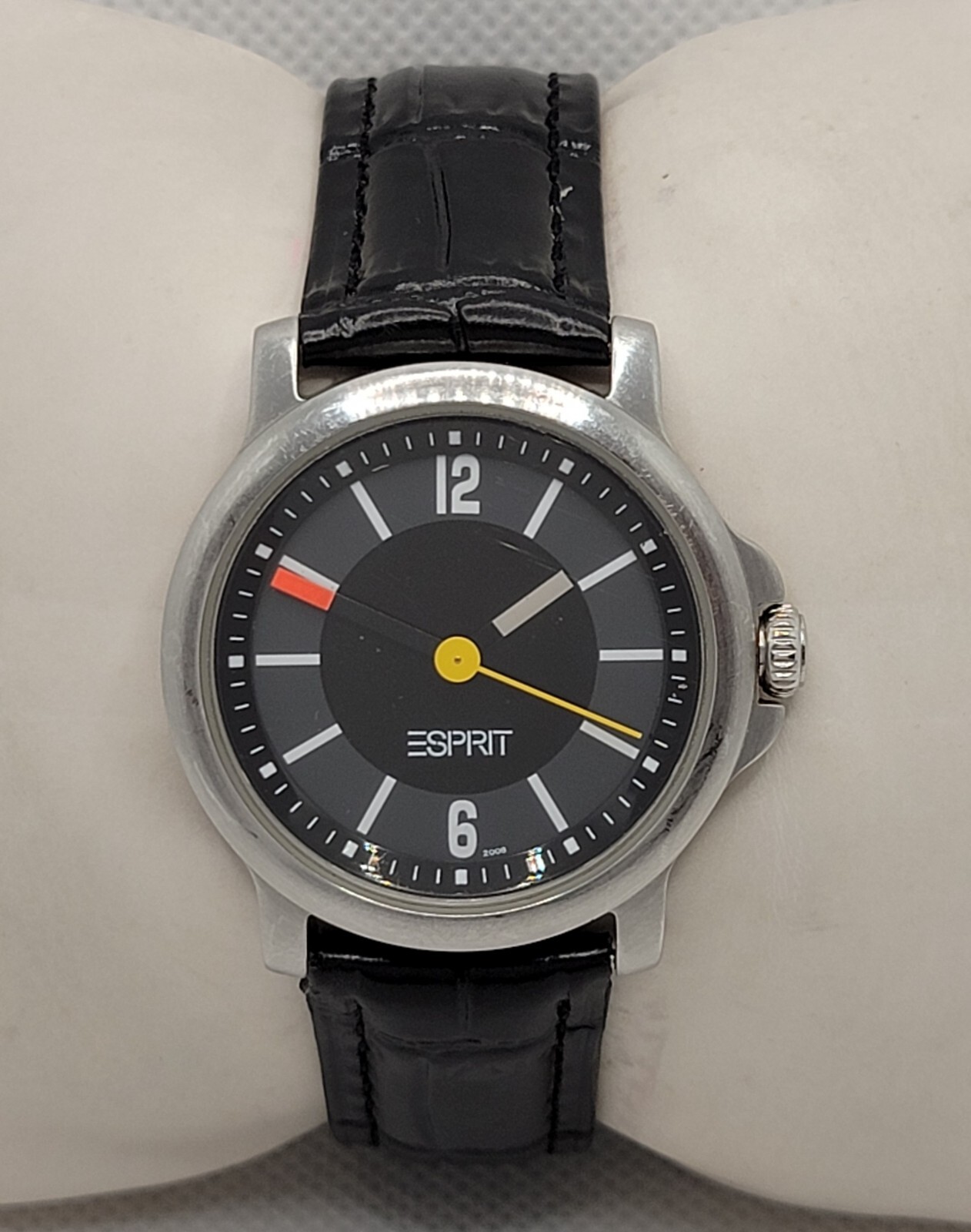 Unisex Espirit Stylish Round Silver Tone Big Crown Black Leather Strap Watch J7