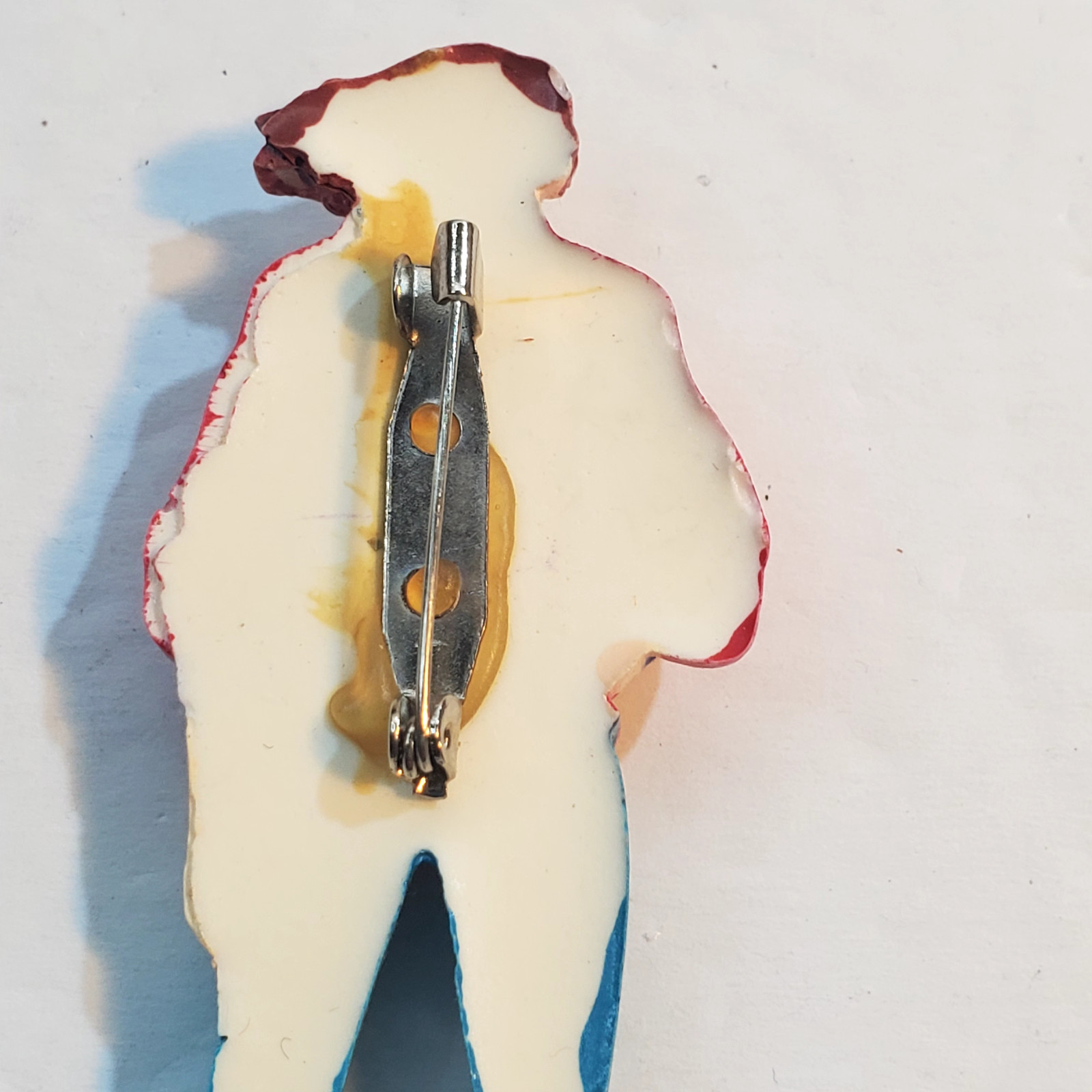 Vtg Molded Painted Plastic Resin Fashion Lady Red Sweater Jeans Boots Brooch Pin