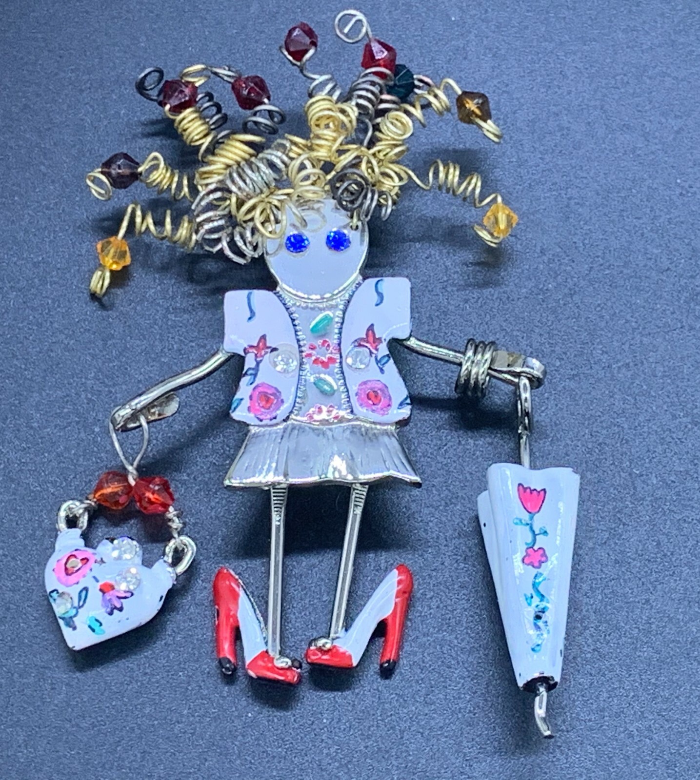 MODERNIST ARTS CRAFTS PORCELAIN METAL SPRING BEAD GIRL PURSE UMBRELLA BROOCH
