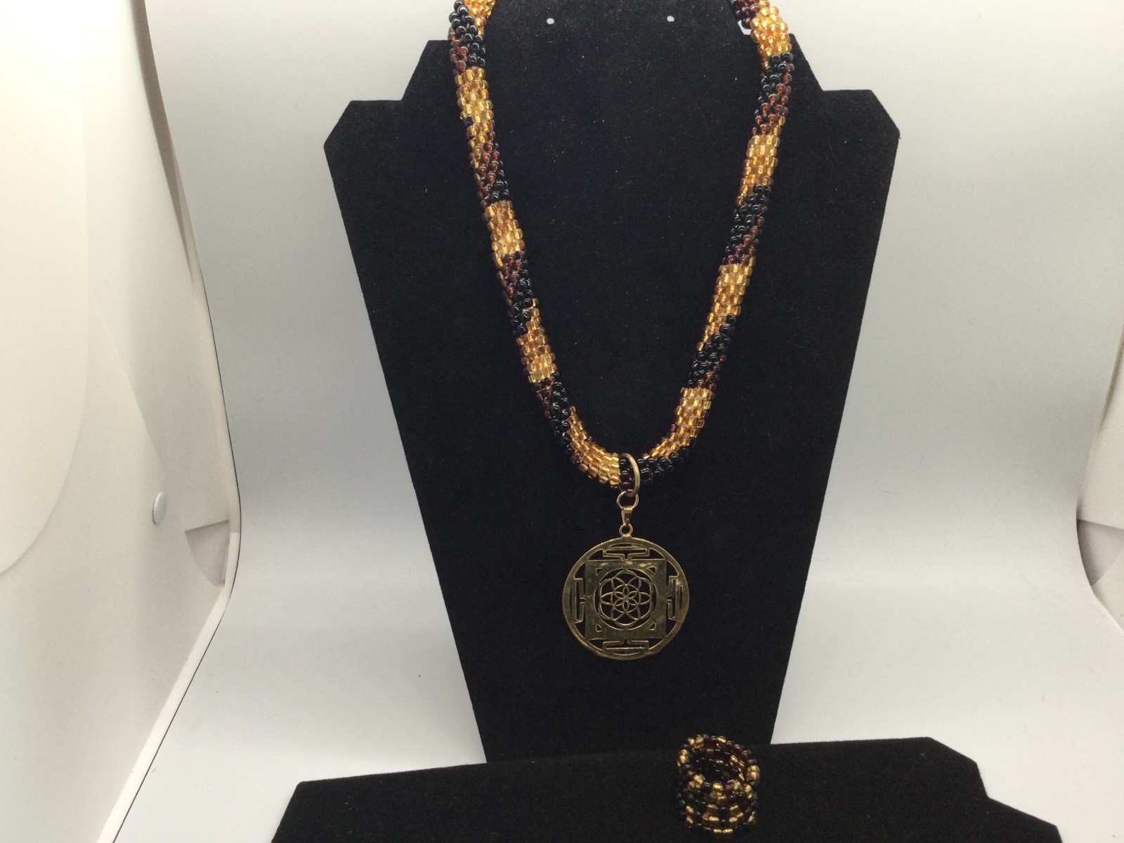 Artisan Made Seed Bead Necklace With Pendant And Coil Seed Bead Ring