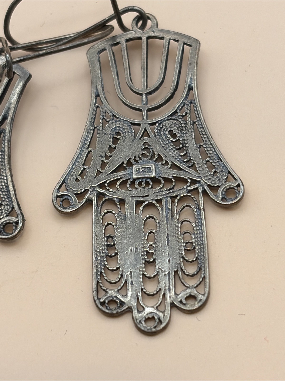 Vtg 925 Sterling Silver Filigree Hamsa Menorah Dangle Earrings Israel Judaica