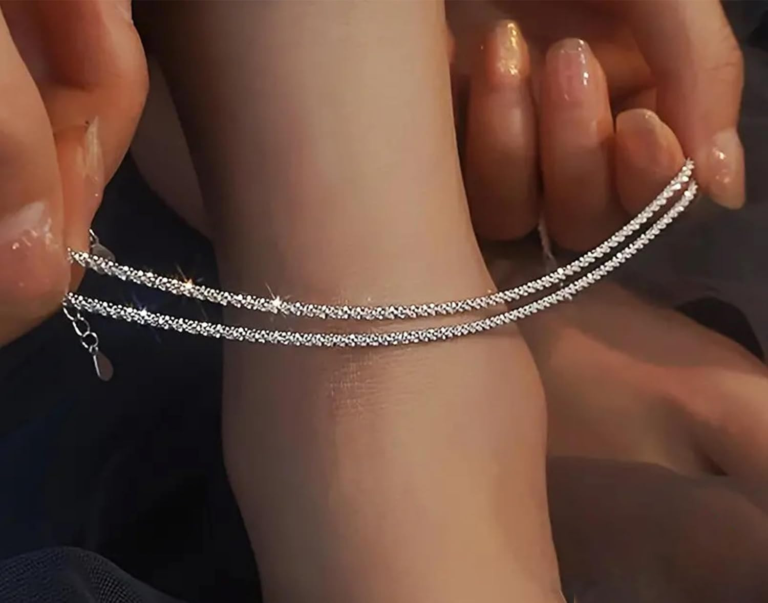 Silver Ankle Bracelets for Women Waterproof Sparkling Link Chian Anklets | Layer