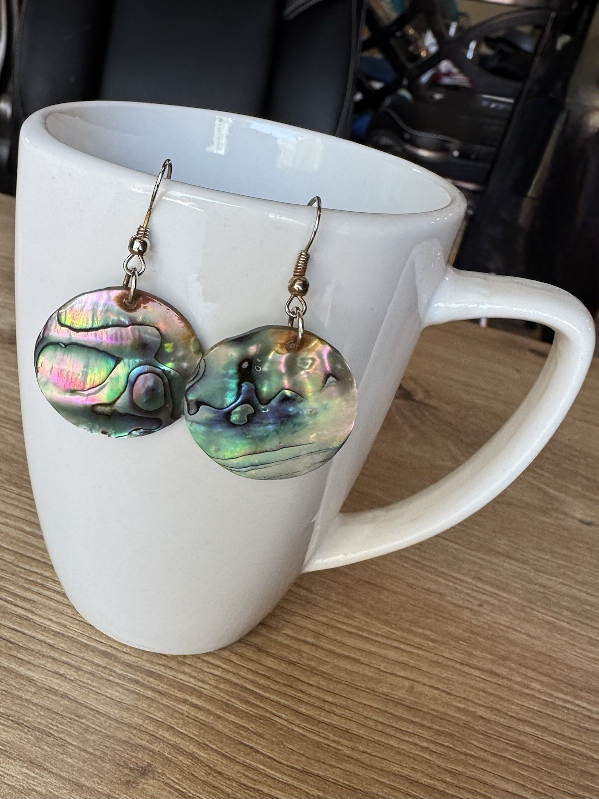 Vintage 90s Iridescent Natural Paua Abalone Shell Disc Drop Earrings Boho