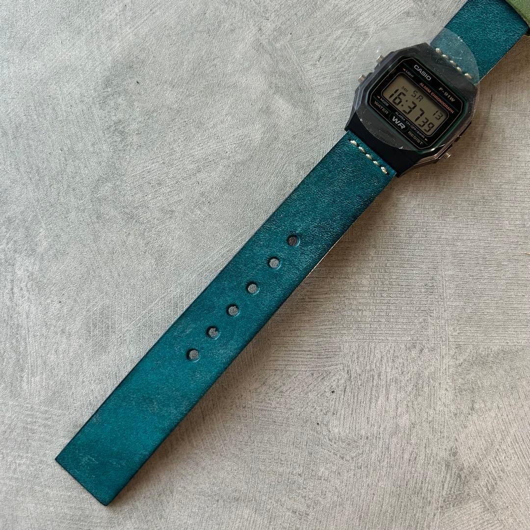 CASIO F 91W leather belt custom Marugo wax turquoise
