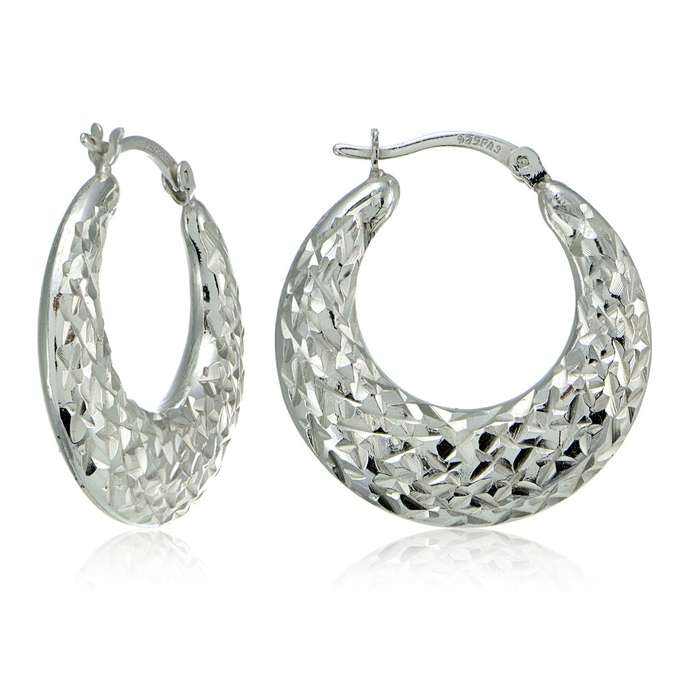 Sterling Silver High Polished Lightweight Diamond-Cut Textured Hoop Earrings