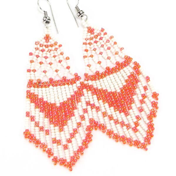 Handmade Beaded Deep Orange White Seed Bead Earrings