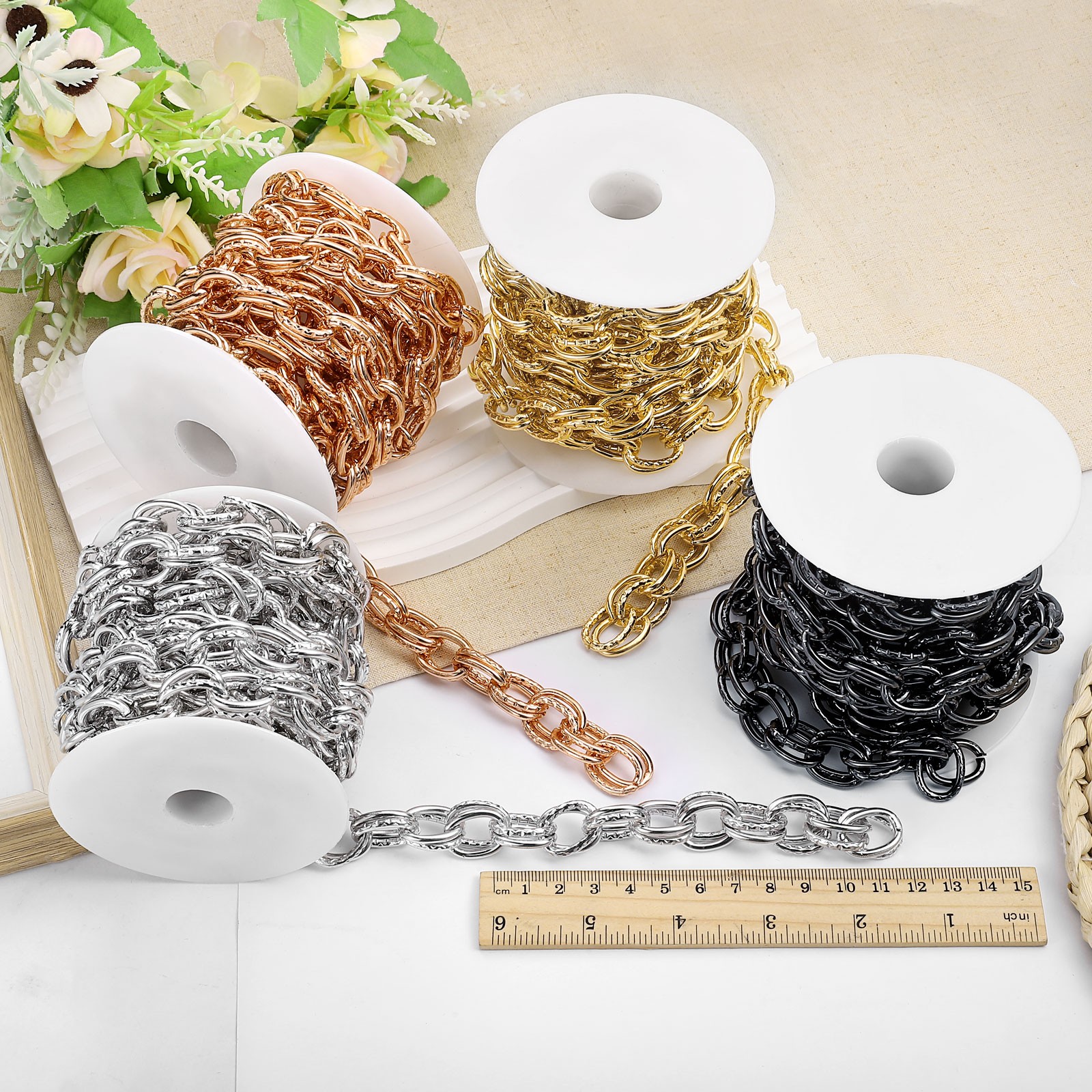 9.8 Feet Aluminum Embossed Double Oval Link Chain, 20x14x2.7mm, Gold