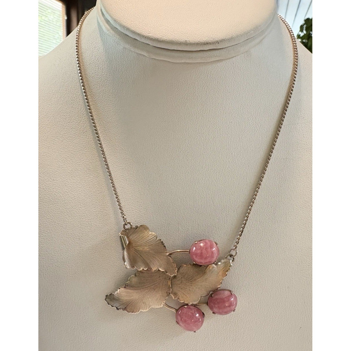 Vintage JJJ Gold-Filled Pink Rhodochrosite Gemstone Leaf Necklace Mid Century