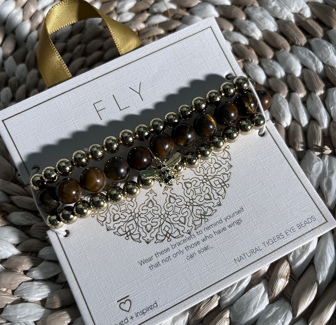 Beloved + Inspired Gold Tiger Eye Bee Charm Trio Stretch Beaded Bracelet 3 Count