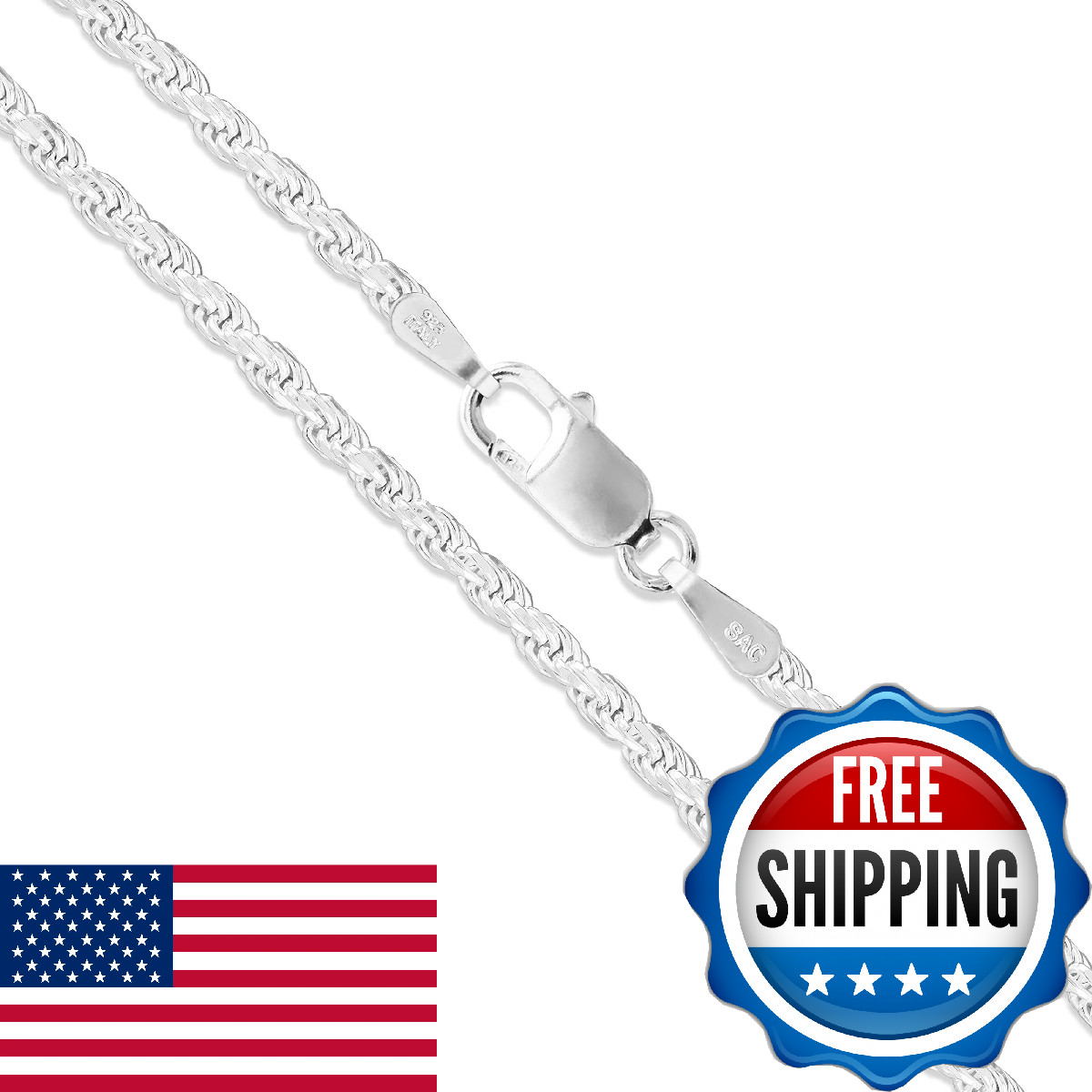 Sac Silver Sterling Silver Diamond-Cut Rope Chain 2Mm Solid 925 Italy Necklace