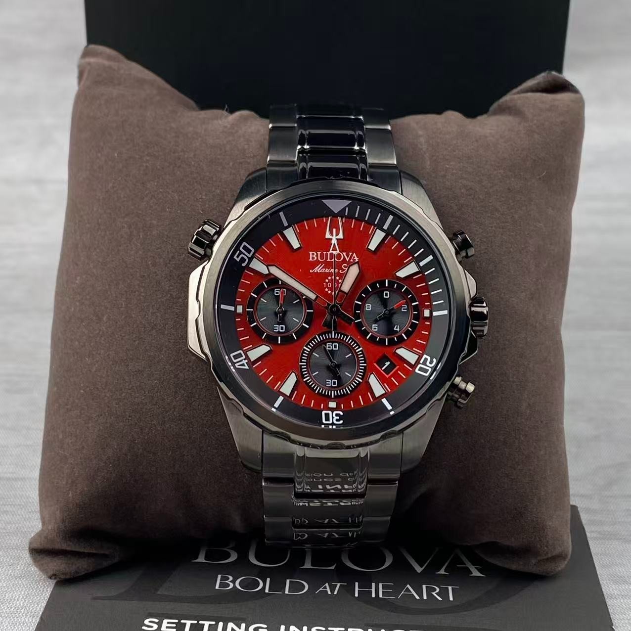 New Bulova Marine Star Men’s Chronograph Quartz Watch Red Dial 98B350 43 mm