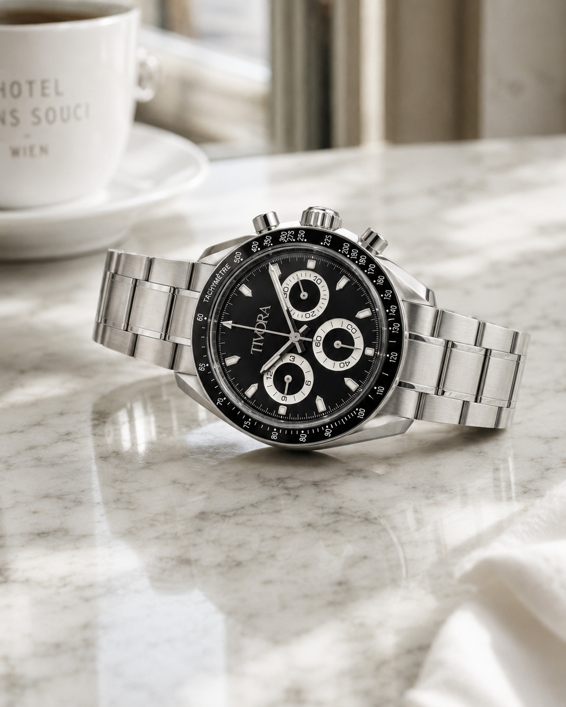 TÍVORÁ Veyron Argent Steel Onyx Dial – Custom Branded Automatic Chronograph Watc