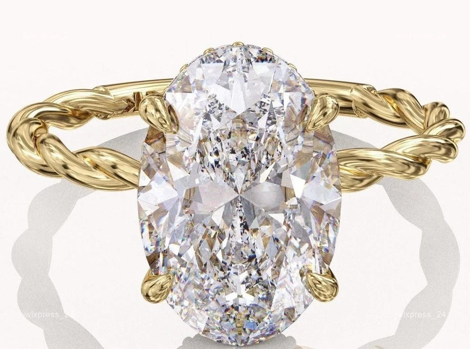 White Moissanite 4.20 Ct Oval Cut Hidden Halo Engagement Ring 14K Yellow Gold FN