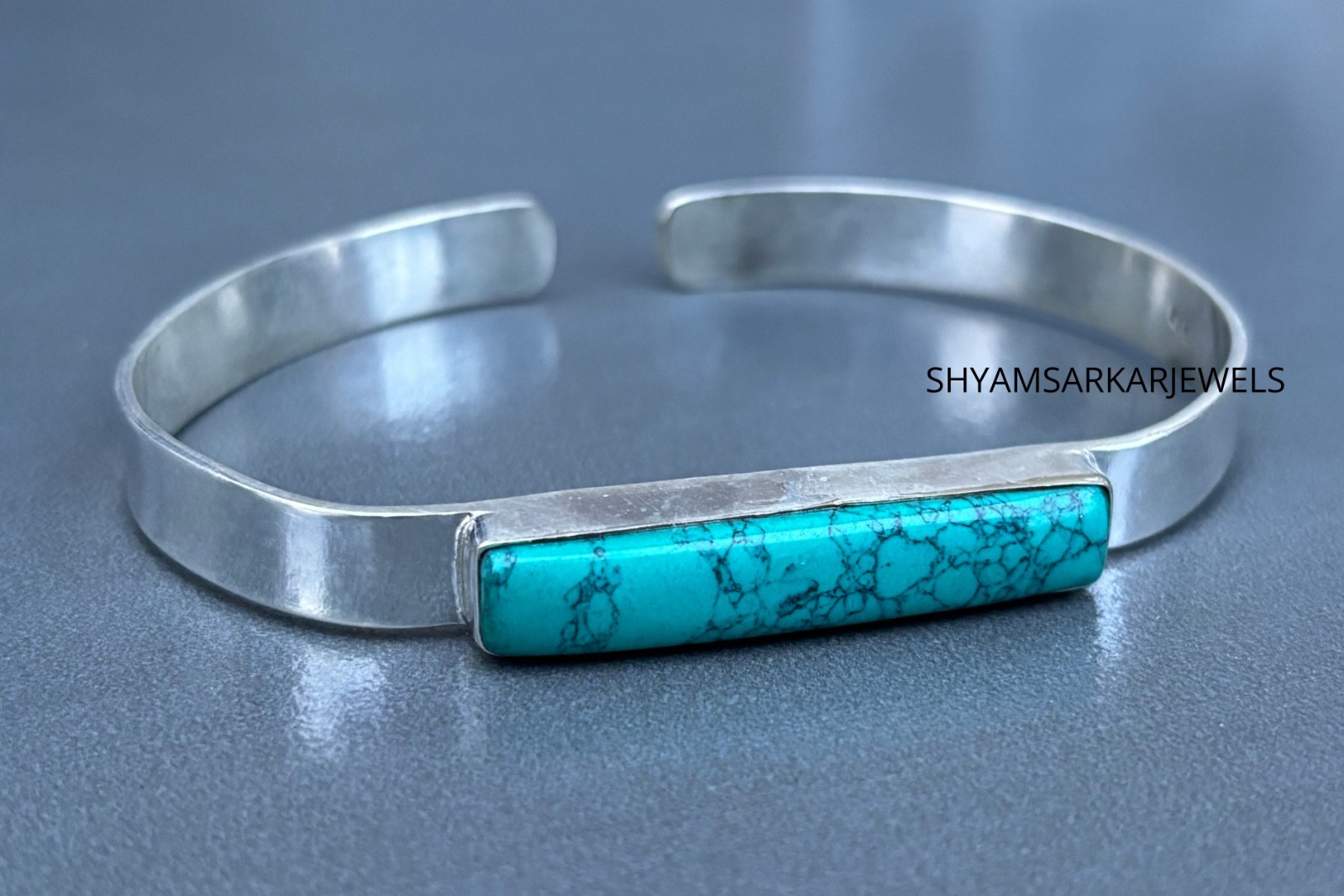 Turquoise Gemstone Open Cuff Bracelet 925 Silver Chunky Statement Bangle 7.5Inch