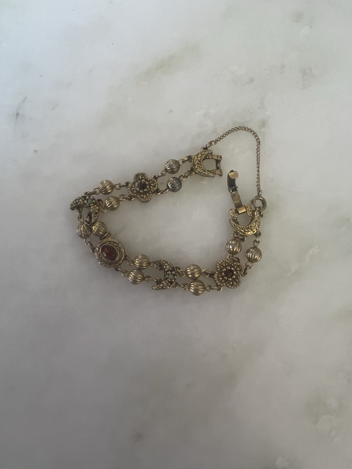 Goldette Victorian Revival Charm Bracelet with Safety Chain Unsigned