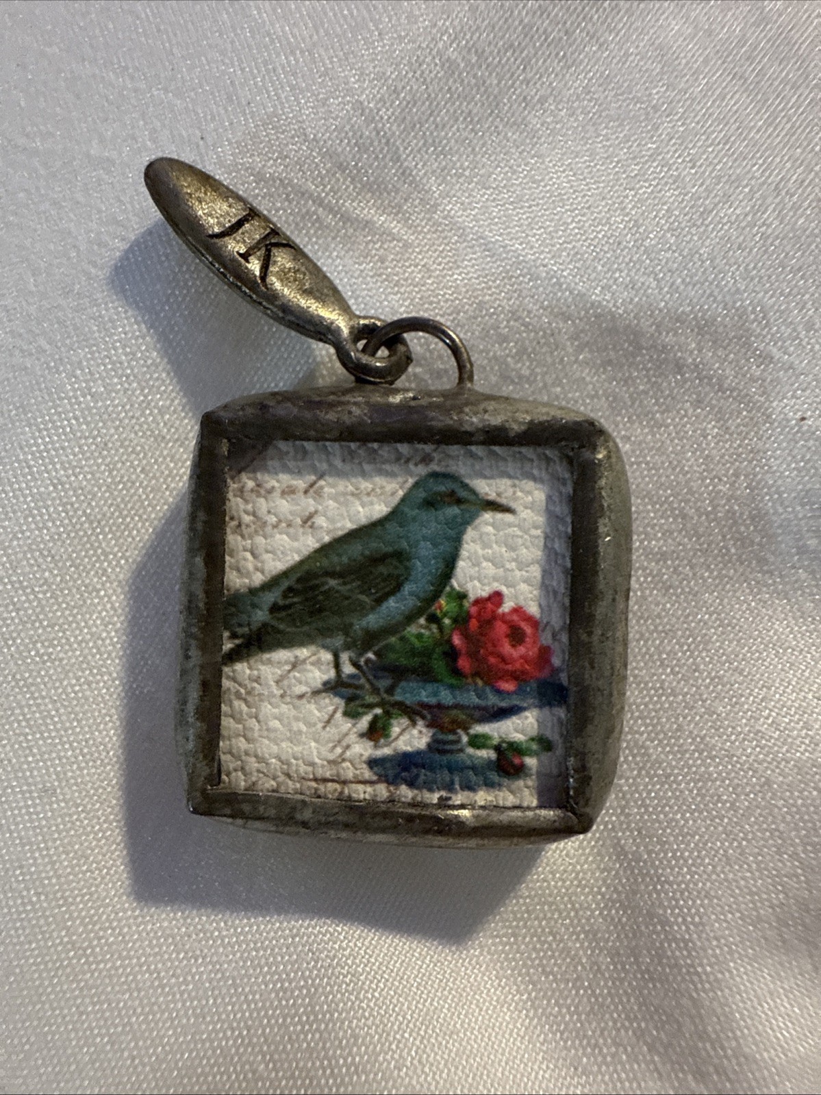 Jewel Kade Blue Bird And Initial J Silver Spark Charm PENDANT 2 Sided Retired