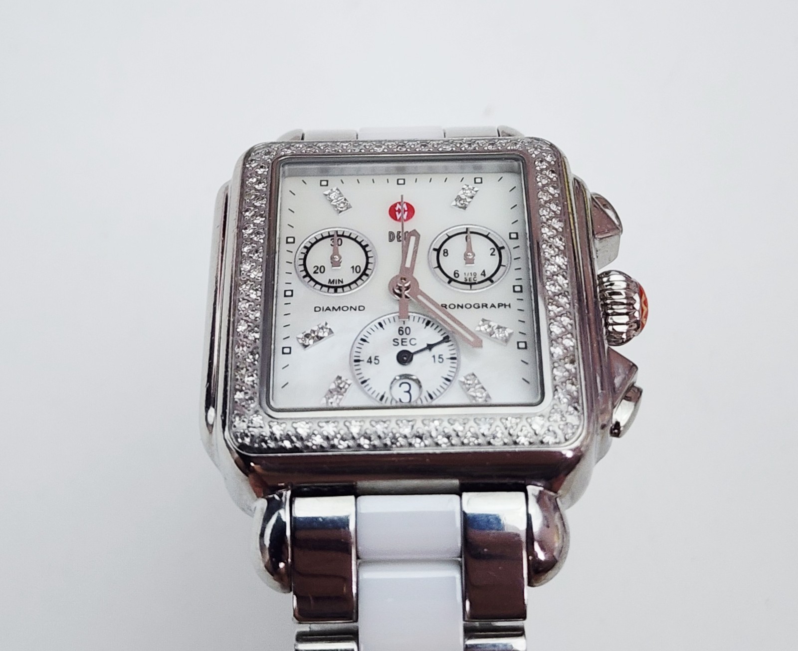 Women’s CHRONOGRAPH Watch MICHELE “Deco” MW06A01A1046. Diamonds Bezel. MOP Dial