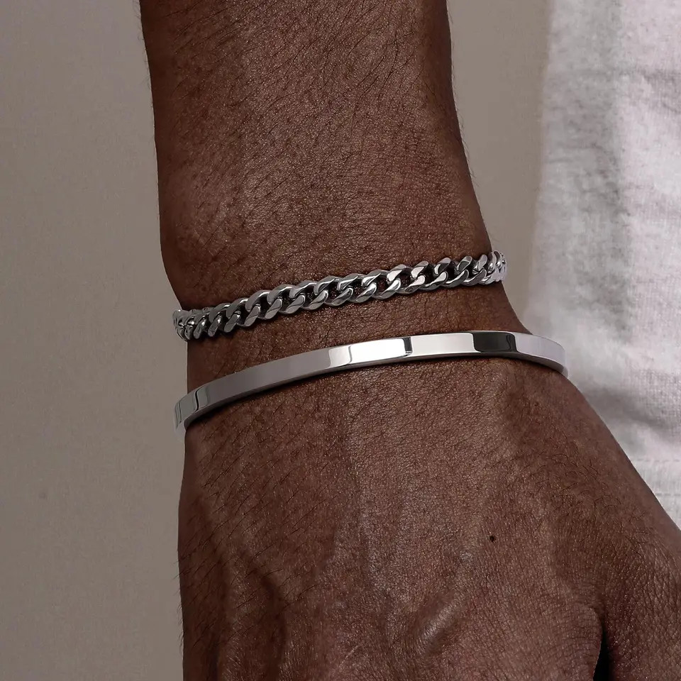 2 pc Figaro Cuban Link Chain Bracelet Set Men Twisted Rope Cuff Jewelry.