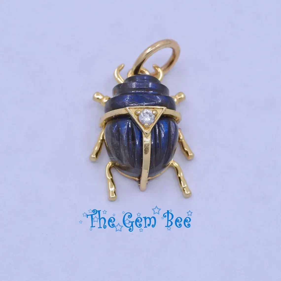 13.3mm 14k Solid Yellow Gold Small Diamond Blue Flash Labradorite Scarab Beetle