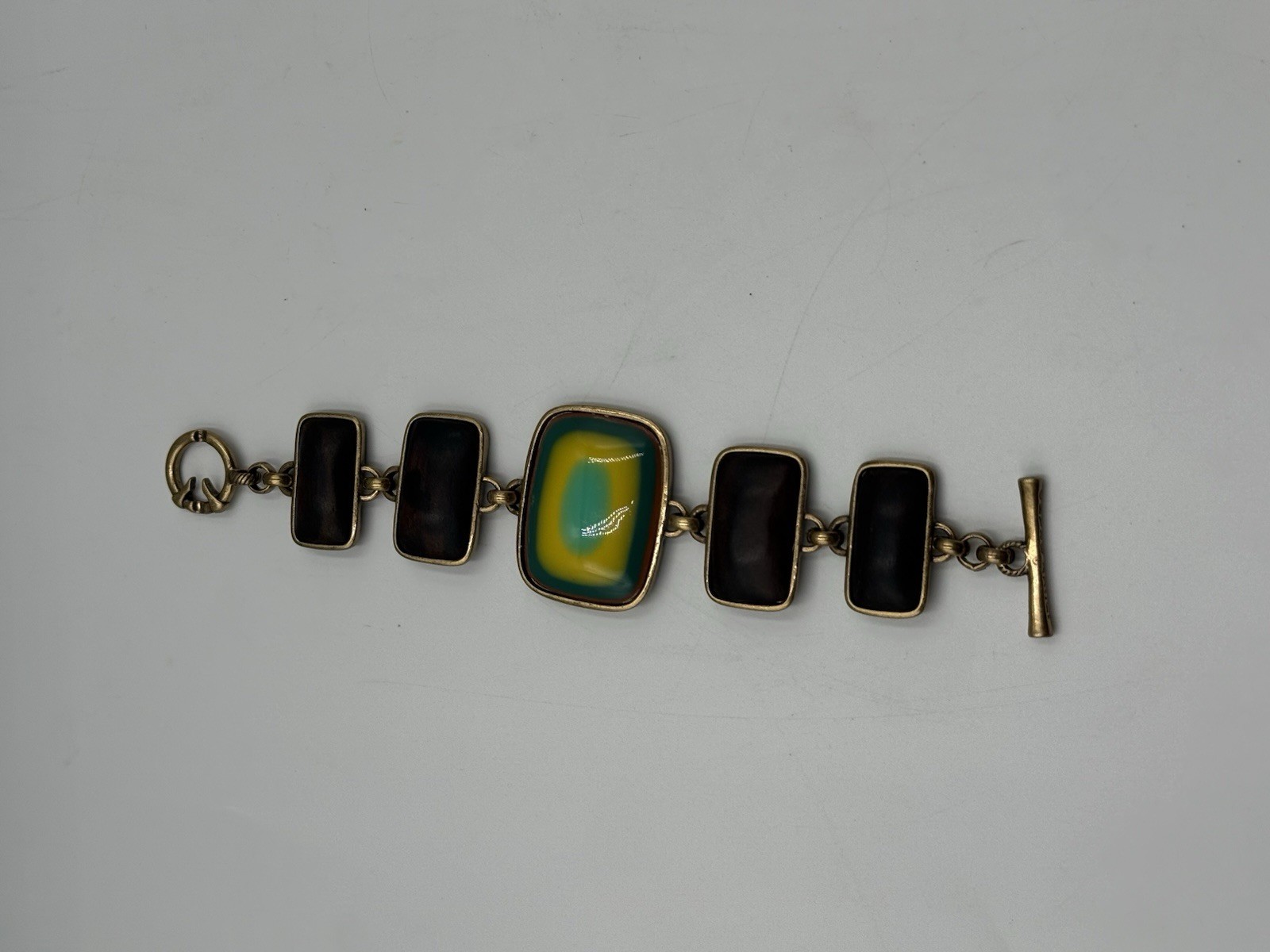 Lucky Brand Gold Tone Wood Resin Statement Toggle Bracelet Boho Retro