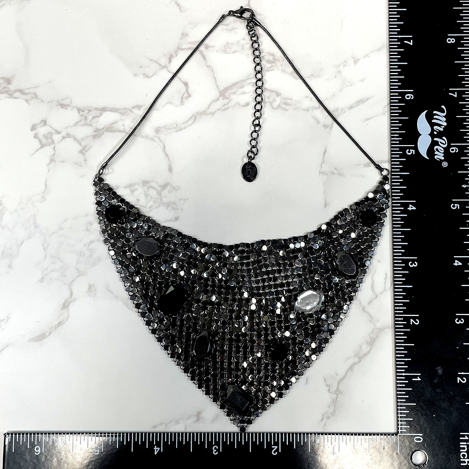Claire’s Signed Black Liquid Metal Mesh Bib Necklace Gothic Rhinestone Statement