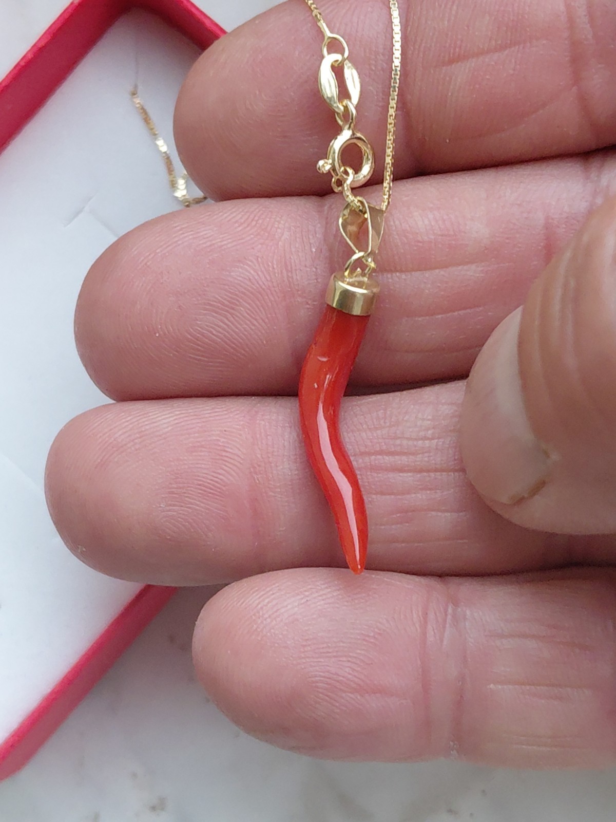 SARDINIAN RED CORAL HORN NECKLACE + AMULET ON SILVER,925