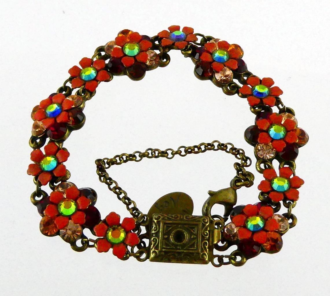 Michal Negrin Rhinestone and Brass Tone Metal Flower Bracelet 6.75 In GOOD