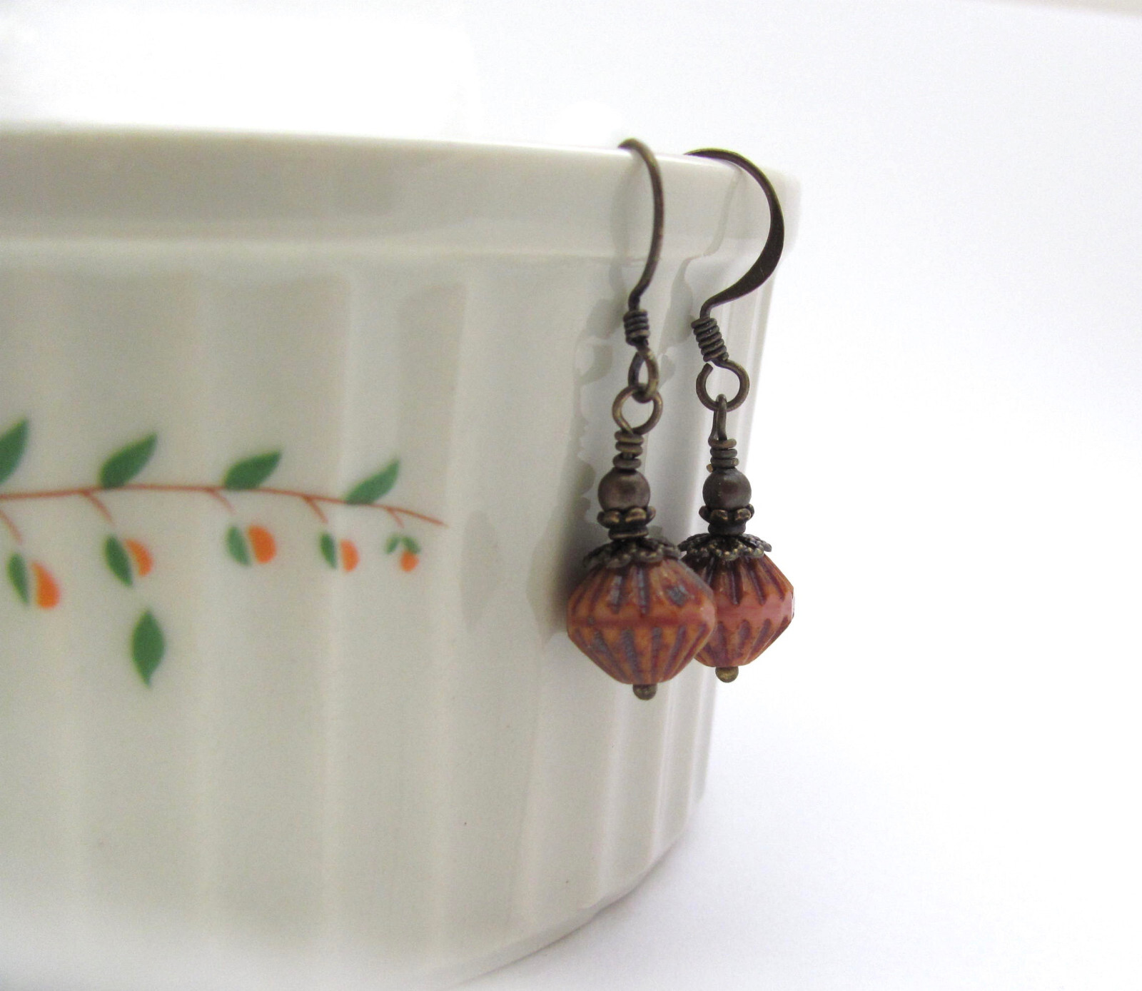 Dusty Rose Earrings Antiqued Brass Czech Glass Romantic Victorian Cosplay Gift
