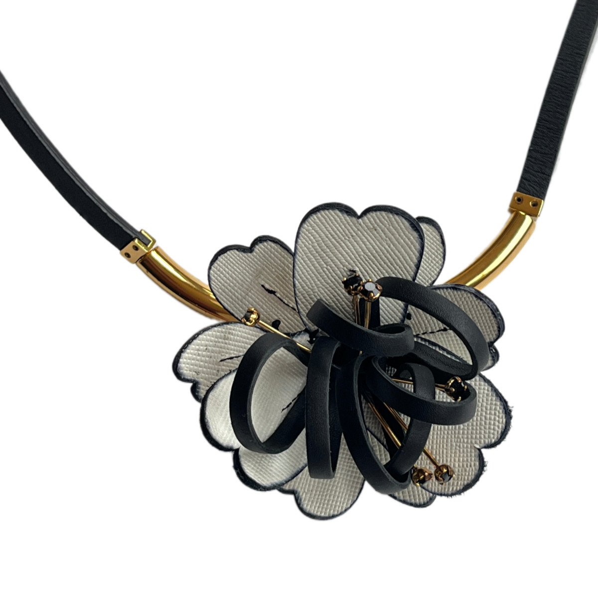 Marni Leather Flower Long Necklace with Adjustable Slider