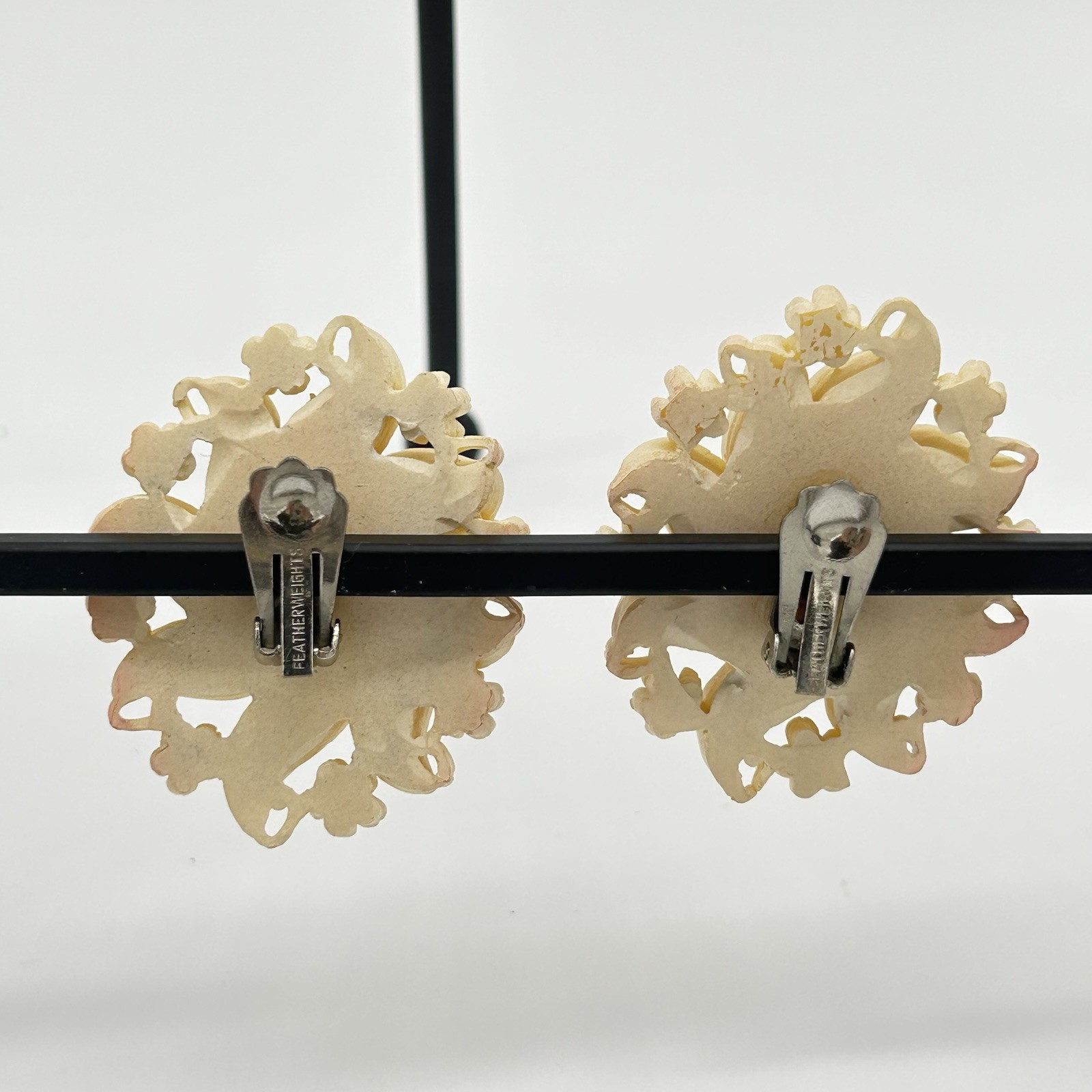 Vintage Featherlight Clip Earrings White Cream Rhinestone Floral Costume