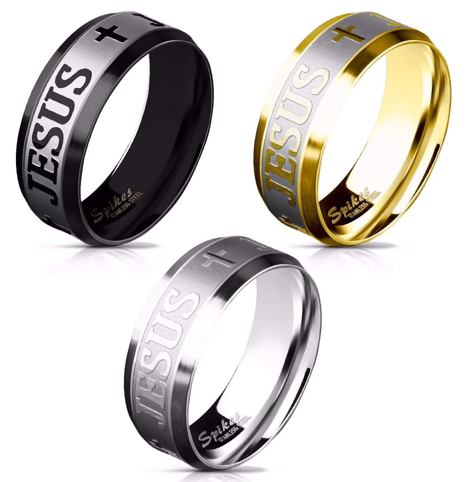 JESUS & Crosses Brushed Steel Center Stainless Steel Ring – Steel, Black or Gold