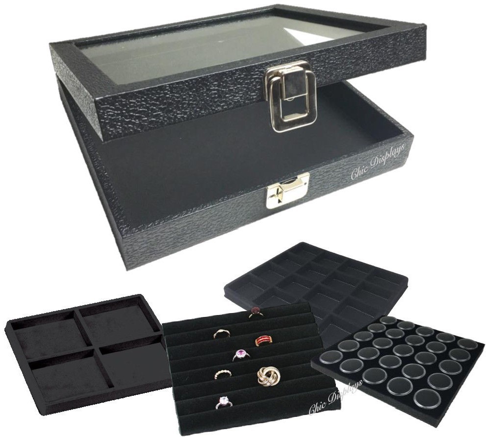 Glass Top Jewelry Case Black Jewelry Box Half Tray Case Glass top Case w/ Liner